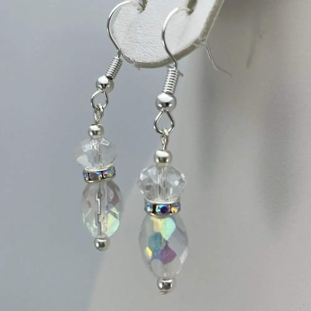 Stunning White AB Crystal Glass Beaded Dangle Earrings Silver Tone Rhinestone